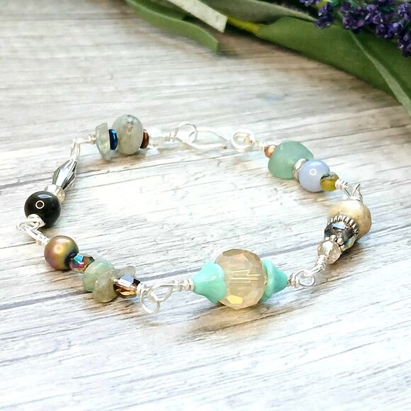 Gemstone Beaded Bracelet - 8" - Obsidian Aventurine Agate Hematite - Picture 5 of 6